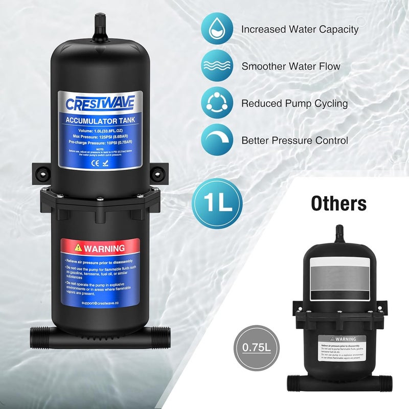 CRESTWAVE خزان تجميع مسبق الضغط 1 لتر 125 PSI لنظام مياه RV، مع تحكم في تدفق السائل الداخلي، يقلل من دورات المضخة ويجعل تدفق المياه سلسًا لـ RV، قارب، مقطورة سفر، كارافان - Image 3